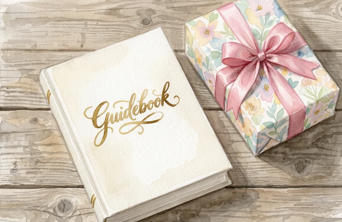 A white Guidebook next to a present