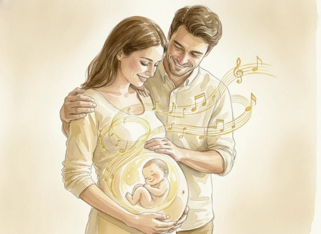 Expecting couple embrace as golden music soothes their unborn baby.